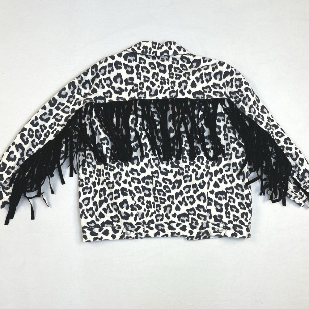 Peach Love California Oversized Leopard Print Denim Jacket Fringe‎ Sleeves S